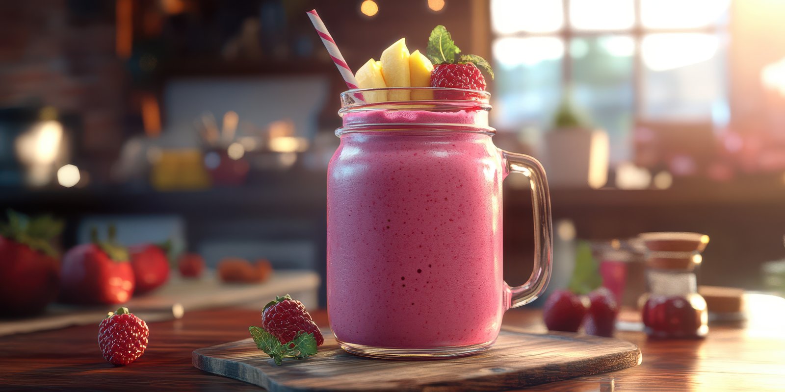 Delicious berry smoothie in a mason jar with fresh fruit and mint against a cozy kitchen background
